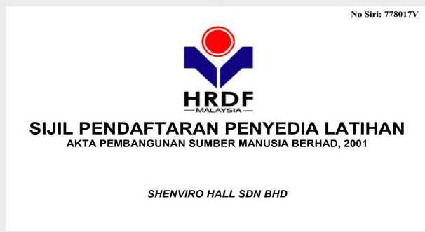 HRDF Sijil Pendaftaran Penyedia Latihan issued to Shenviro Hall Sdn Bhd