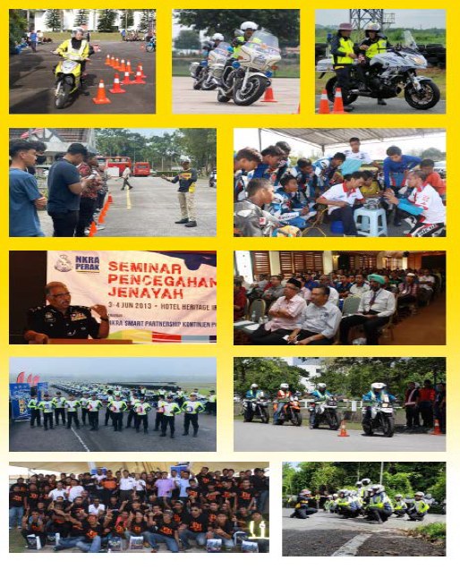 Collage of superbike riding course photos: police riders around cones, a briefing on the tarmac, a classroom session and group formations