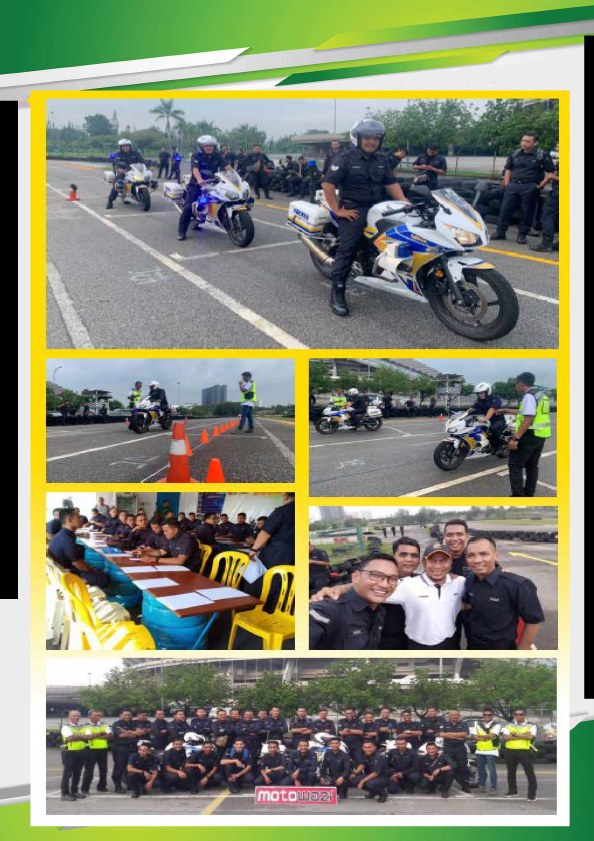 Collage of a police superbike riding course: rider on a police motorcycle, cone slalom, classroom, trainers with participants and a group photo